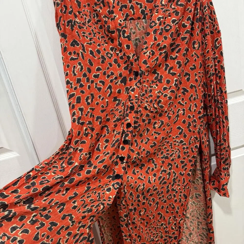 Free People Cest Moi Leopard Print Long Maxi Top, Orange Red,‎ Medium, RRP $148